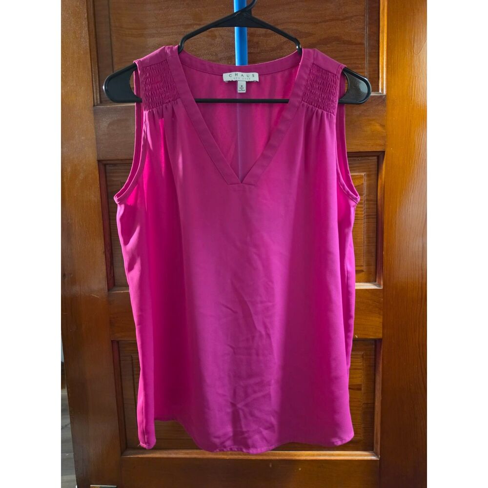Chaus New York Women’s Small Hot Pink Sleeveless V Neck Blouse Smocked Shoulder